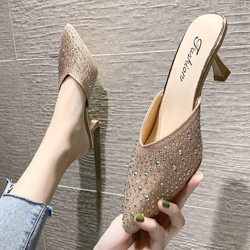 Slides Pink Shoes Crystals Wedding Summer 2024 Mules Women's Slippers and Ladies Sandals Outside Rhenstone Pointed Toe Jewels F