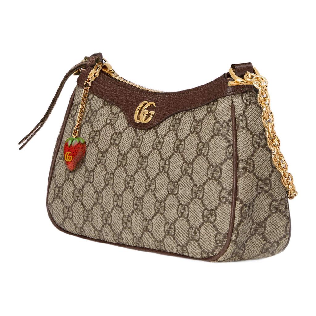Gucci GG Marmont Канвас Подвеска-клубника Сумка на плечо Бежевый Коричневая кожа Web-полоса Ежедневный шопинг 735132-FABLE-9442
