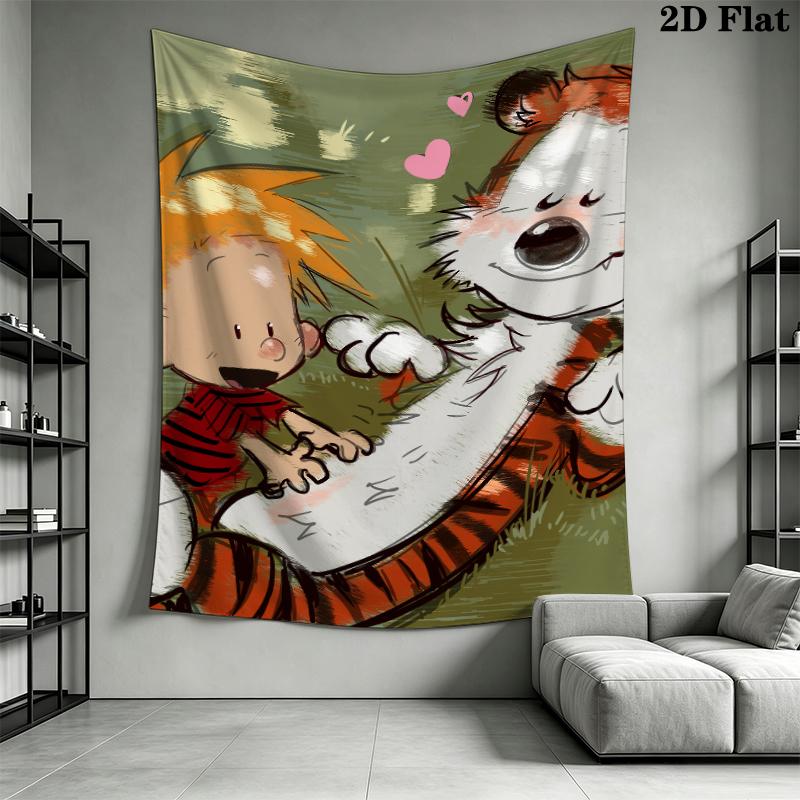 Calvin and Hobbes Wall Tapestry Aesthetic Wall Hanging Printed Fabric Blanket Decorative Tapestries for Bedroom Living Room Home Decor