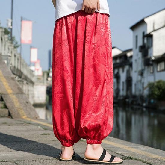 Мужские Брюки Фонарики Хиппи Бохо Широкие С Принтом Дракона Свободные С манжетой на щиколотке Мягкие Дышащие Шаровары Длинные Брюки для Йоги