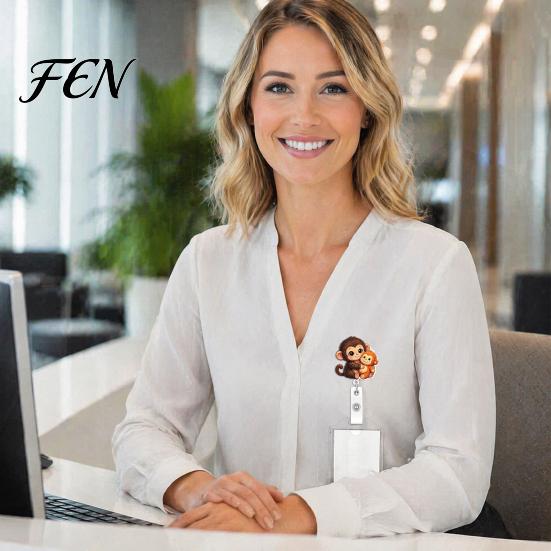 Easy Pull Keychain for Office Retractable Badge Holder, Cute Monkey Pattern Print 360 Degree Rotating Work Holder Clothing Clip, Acrylic Telescopic
