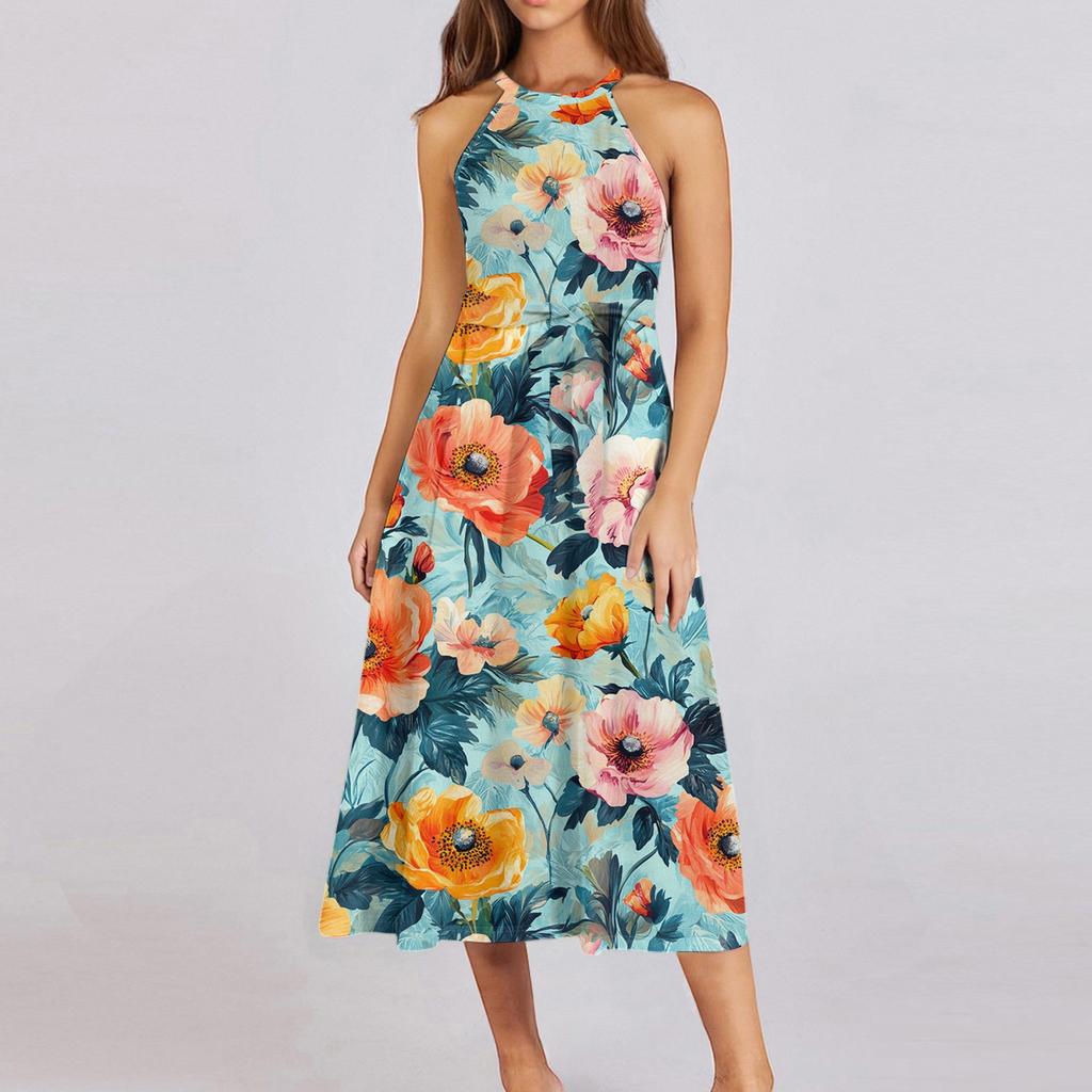 Женское повседневное платье миди с круглым вырезом, классическое, повседневное, без рукавов, свободное платье в стиле бохо с завязками, летний пляжный сарафан