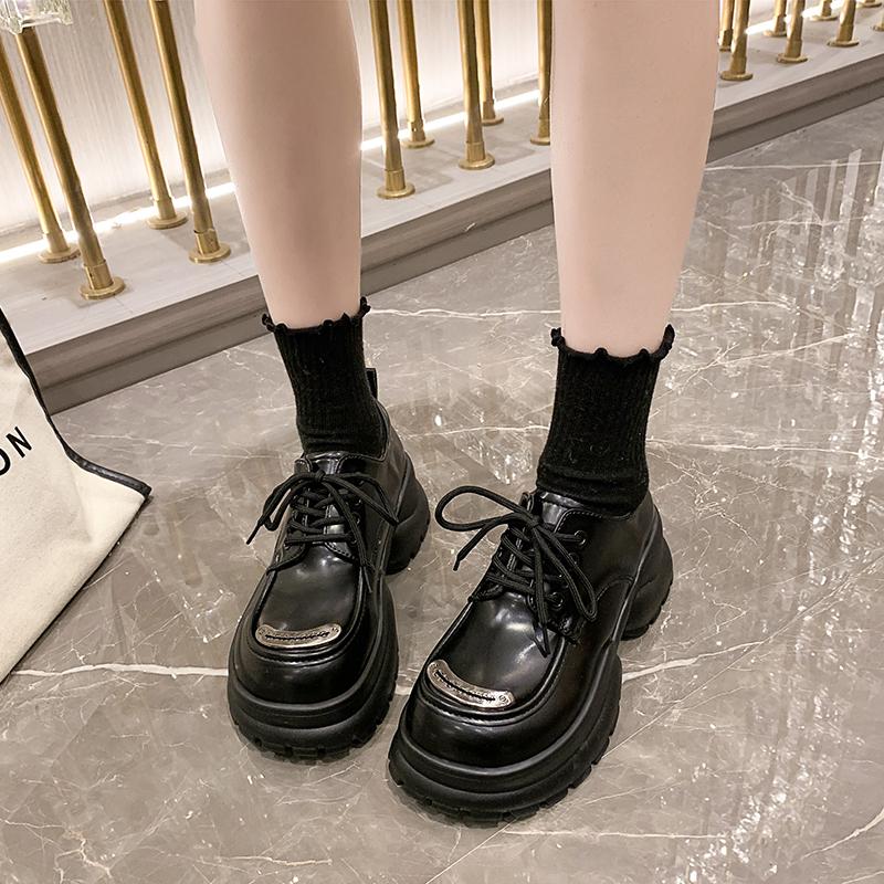 Loafers for Women 2024 Spring and Autumn Casual Fashion Thick-soled Heightening Lace-up Solid Color College Style Women's Shoes