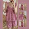 Cute Women's Loungewear Version of The Sweet Simple Fly Sleeve Undershirt Plaid Halter Homewear Suit Sleepwear