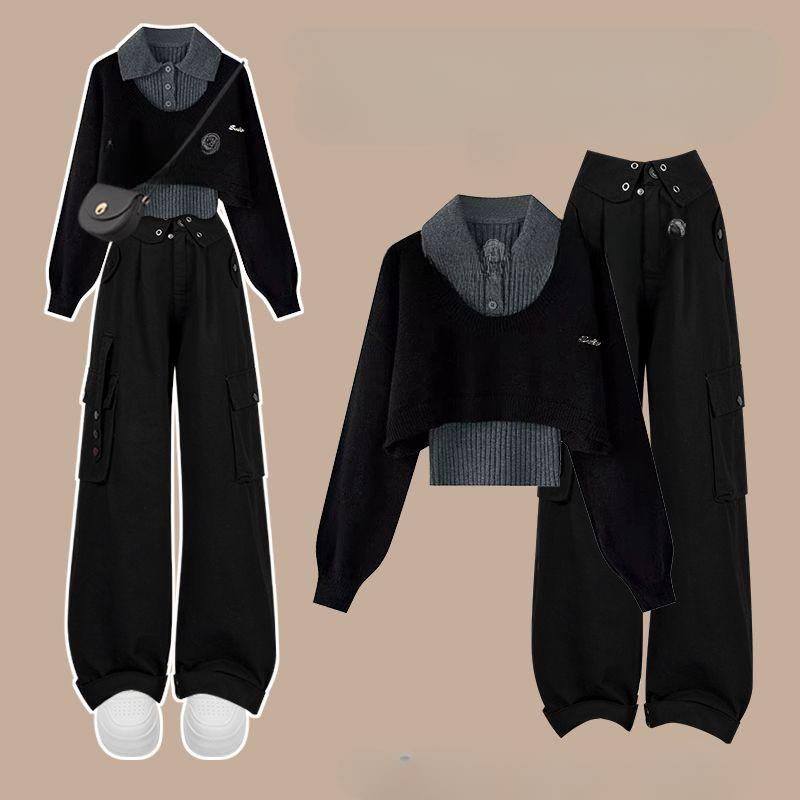 Осенне-зимний комплект, женский корейский вязаный свитер, женская майка-поло, универсальная рабочая одежда, комплект из трех предметов