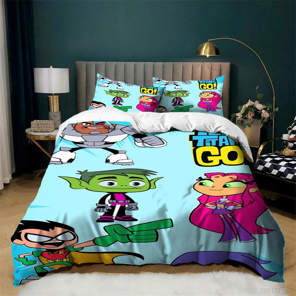 Teen Tit-ans Go Duvet Cover Set 3pcs Cartoon Lightweight Bedding Set for All Season Soft Breathable Quilt Cover Zipper Closure