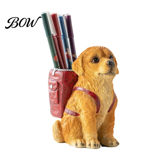 Creative Desktop Art Ornament Golden Puppy Backpack Pen Holder, Cute Animal Stationery Storage Unique Desk Solution Ornament, Resin Organizer,