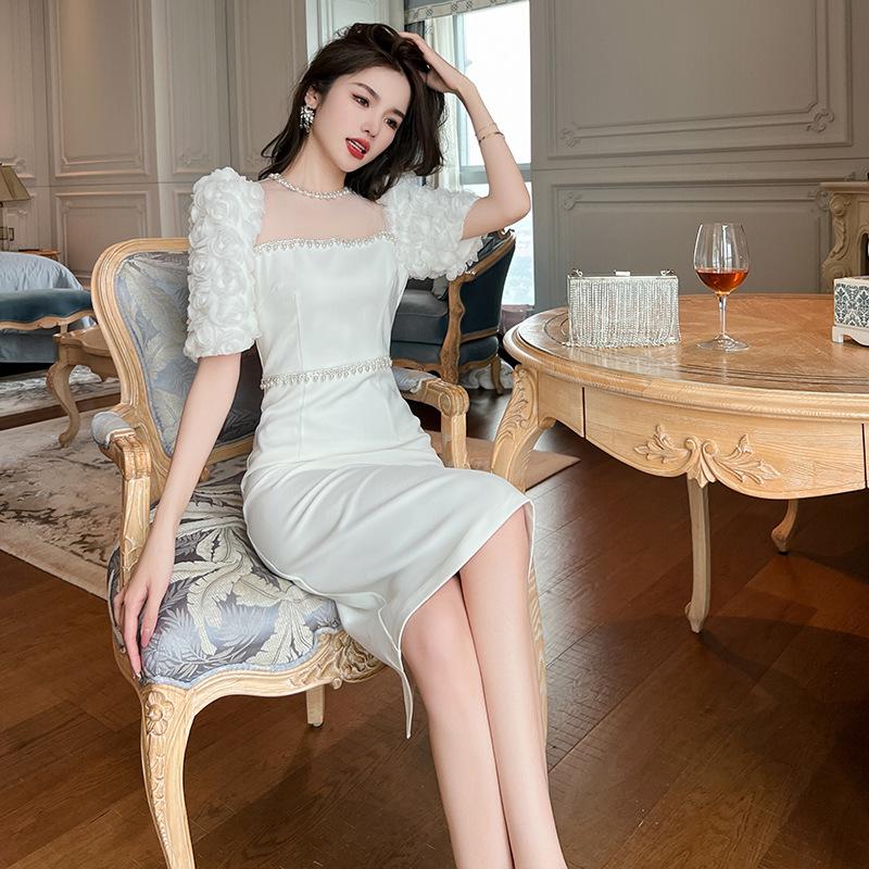 GMXIA Платье Летнее светское платье Sense с круглым вырезом и бисером Белое облегающее длинное платье