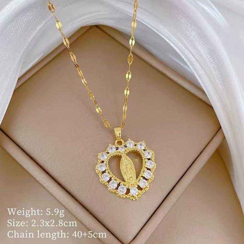 Gold Plated Mary Necklace CZ Inlaid Heart Choker Titanium Steel Religious Jewelry Gift for Women