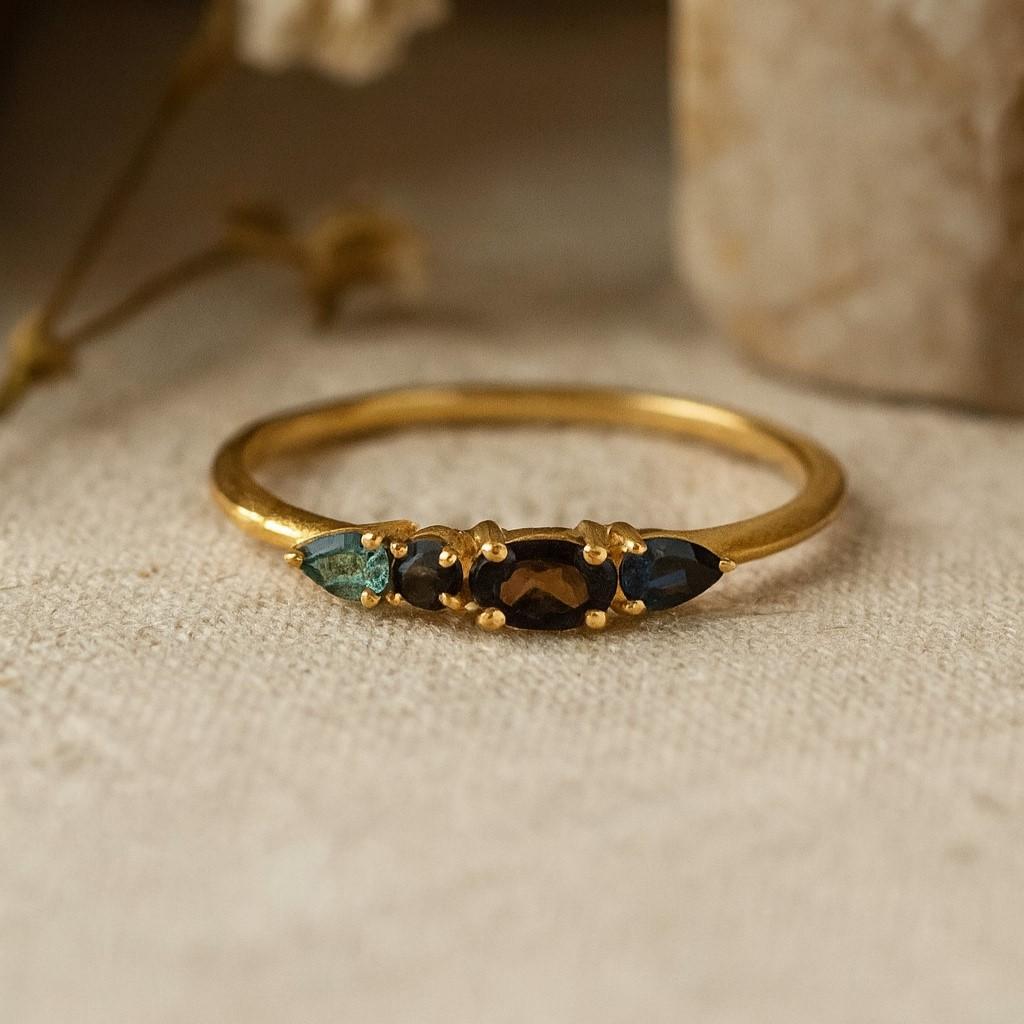 Smokey Quartz Engagement Ring for Women – Yellow Gold Plated Multi-Stone Ring | Sapphire, Aquamarine, Black Feldspar | Anniversary, Promise Gift