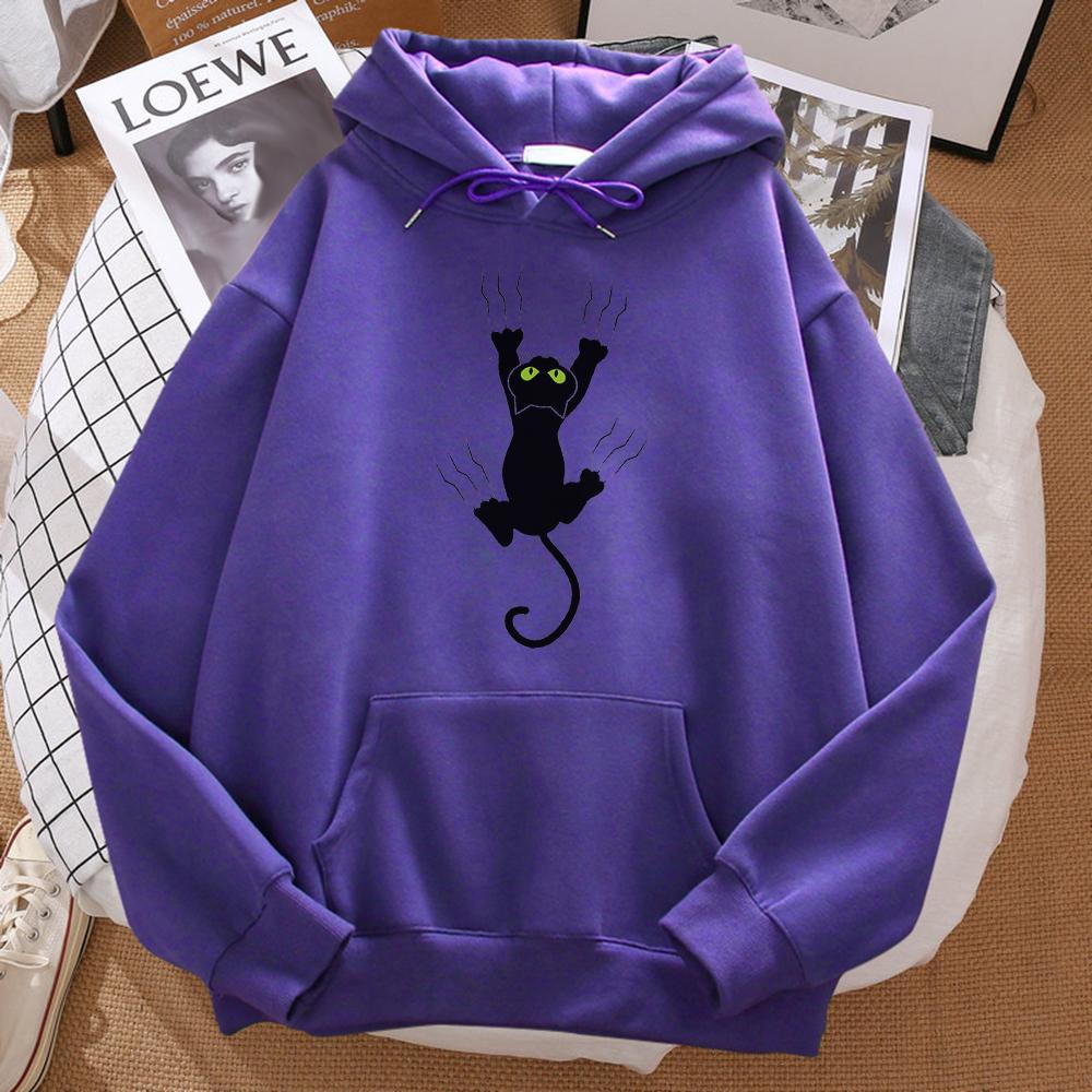 Naughty Black Cat Print Women's Hooded Hip-hop Comfortable Sweatshirt Cartoon Soft Hooded Harajuku Sportswear