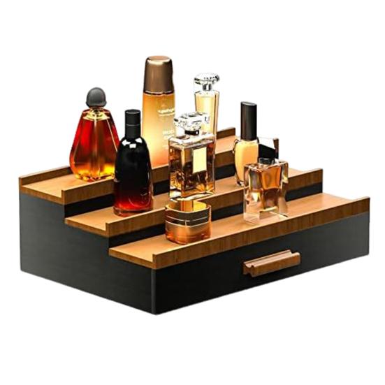 3 Tiers Wooden Perfume Display Stand with Storage Drawer Large Capacity Desktop Perfume Organizer Storage Box