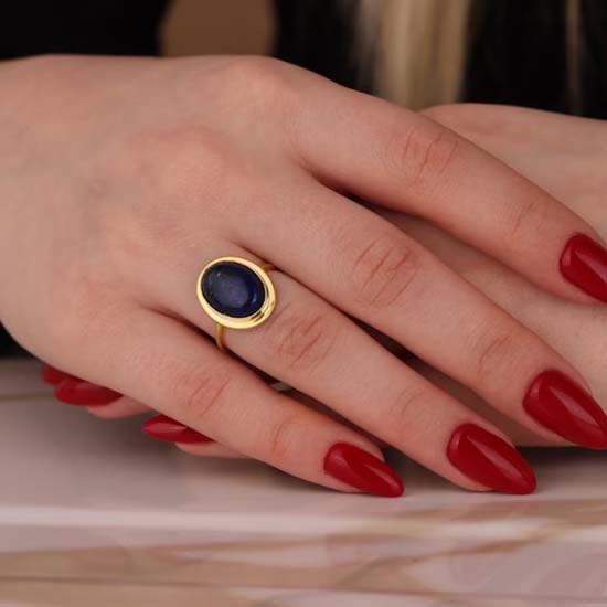 Кольцо с драгоценным камнем лазурит, кольцо из цельного серебра 925 пробы, дизайнерское кольцо, кольцо из желтого золота, кольцо ручной работы, богемное кольцо