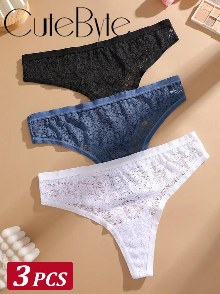 3Pcs/Set Women Sexy Lace Panties Lingerie Floral Sexy Low Waist Deep Color Thongs Ladies Underwear Fashion Soft Underpants S-XL