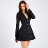 2024 Осень Черный Блейзер Мини Платье Для Женщин Модный V-образный вырез однобортный с длинным рукавом Высокая талия плиссированное сексуальное платье