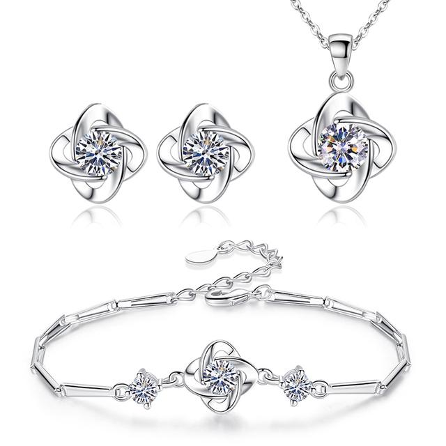 ANENJERY Модные серебряные ожерелья, серьги, браслеты, комплекты ювелирных изделий, элегантные ювелирные изделия с кристаллами и цирконием, женский свадебный комплект украшений