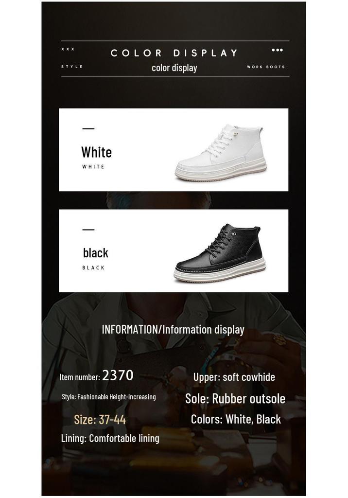 Men's Mid-Top Round Toe Lace-Up Leather Casual Shoes with Height Boost