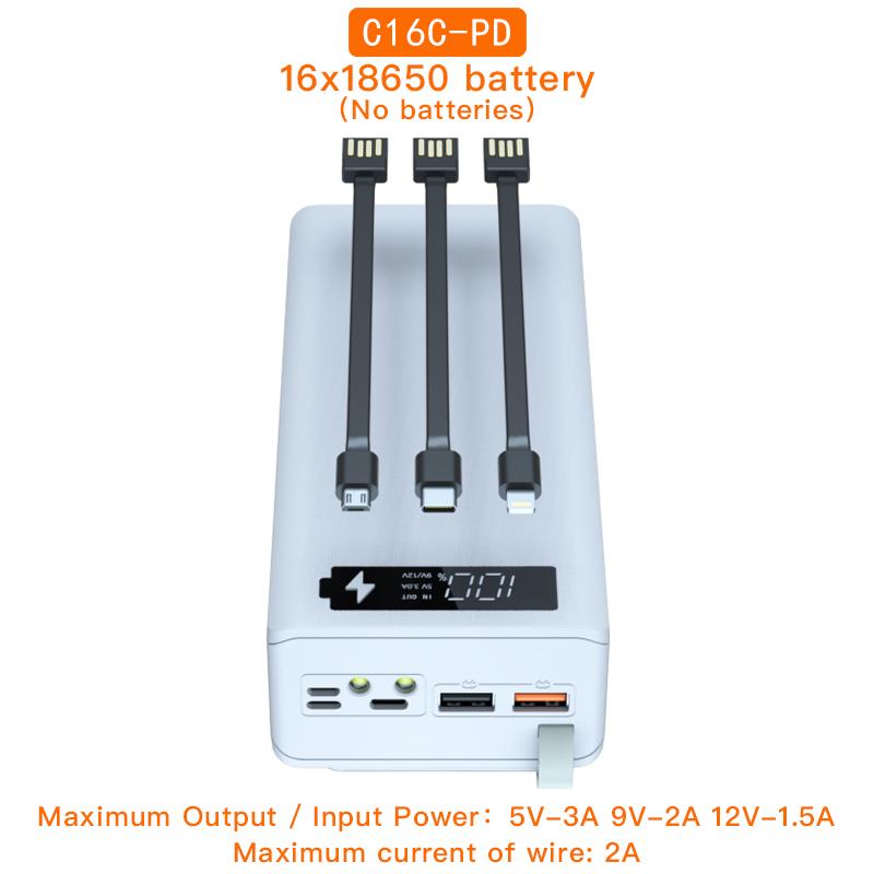 C16C 18650 DIY Power Bank Base с кабелем Micro USB Type C, фонариком, чехлом для быстрого зарядного устройства 18650, держателем для аккумулятора, зарядным устройством