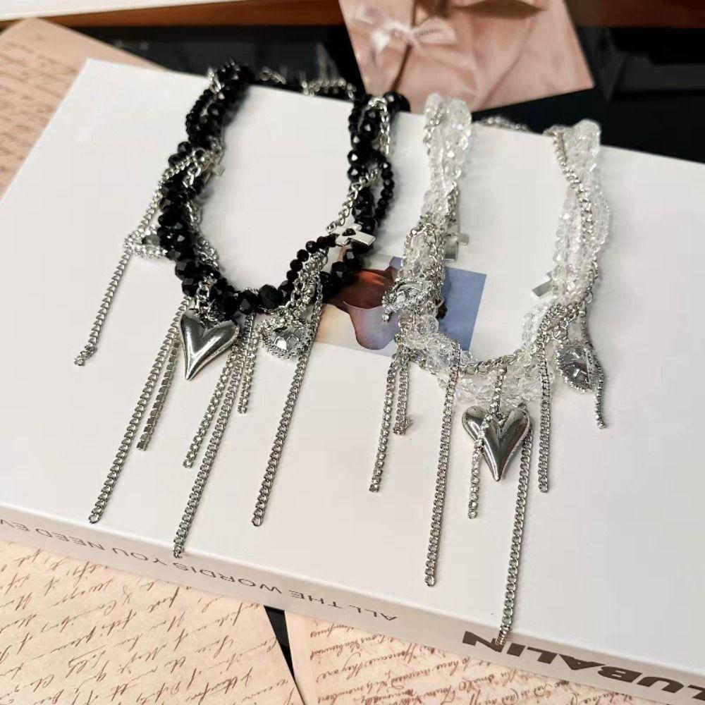 Прозрачное ожерелье с подвеской в виде сердца, геометрия, Y2K, ожерелье с кристаллами, бисер, стразы, женское колье