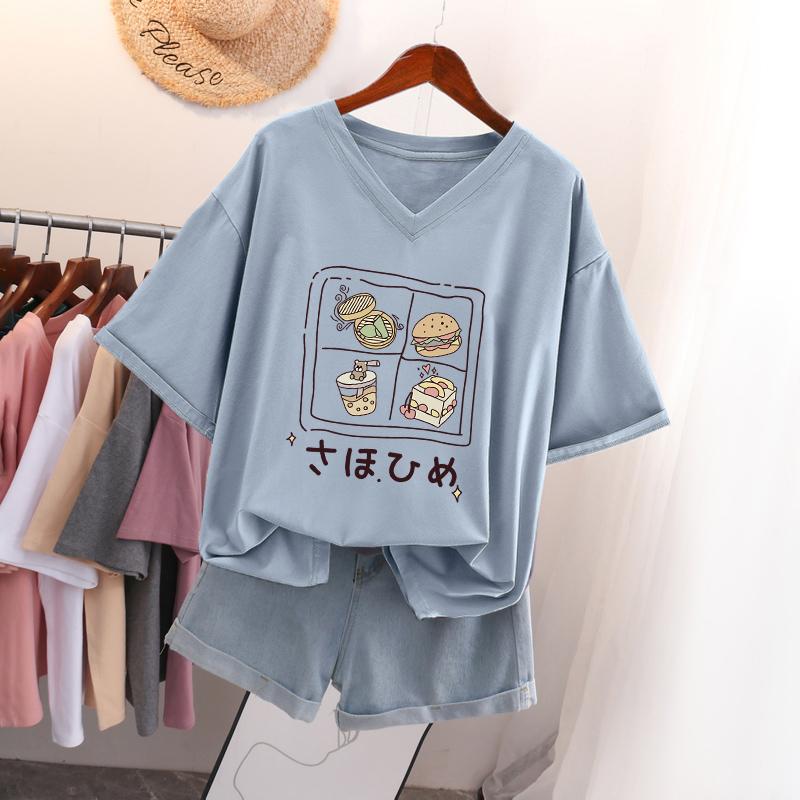 Женская футболка с коротким рукавом, большого размера, свободная и стройнящая, топ с V-образным вырезом с принтом