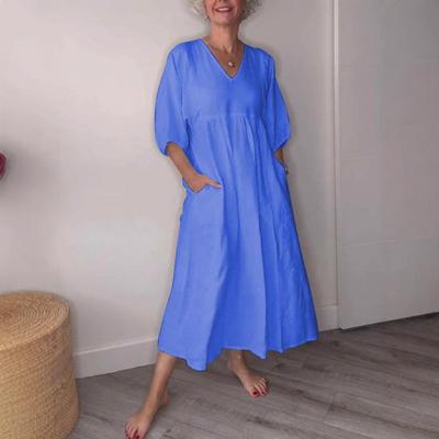 Женское хлопковое льняное платье с глубоким V-образным вырезом, плиссированное, однотонное, повседневное, с карманами, в стиле ретро