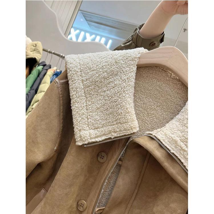 Байкерская куртка с большими лацканами, женское пальто из овечьей шерсти, 2023, зимнее замшевое пальто с подкладкой из свободного меха