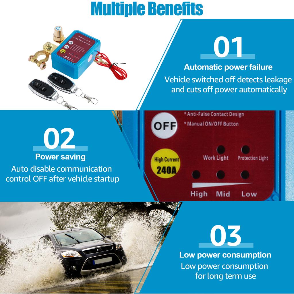 Car Kill Switch 12V 240A Remote Battery Disconnect Switch Anti Theft Car Battery Cut Off Switch for Car RV ATV Boat Truck