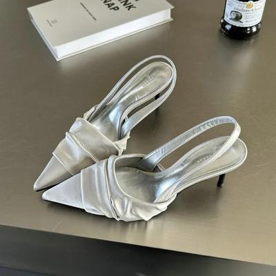 Мода 2024 Босоножки женские летние новые остроносые туфли-лодочки с пустым задником одинарные туфли с атласной лентой на высоком каблуке