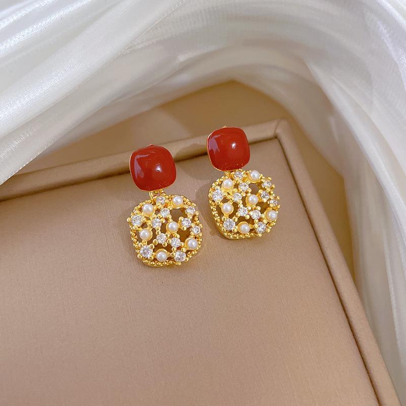 Geometric Vintage Red Enamel Zircon Square Necklace Stud Earrings for Women Y2K Stainless Steel Chain Jewelry Set Gifts