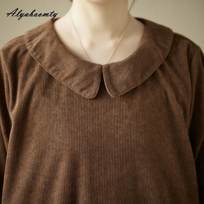 Плюс размер осень-весна женское платье большого размера с воротником Питера Пэна черно-зеленое кофейное повседневное свободное платье винтажное вельветовое платье с длинным рукавом