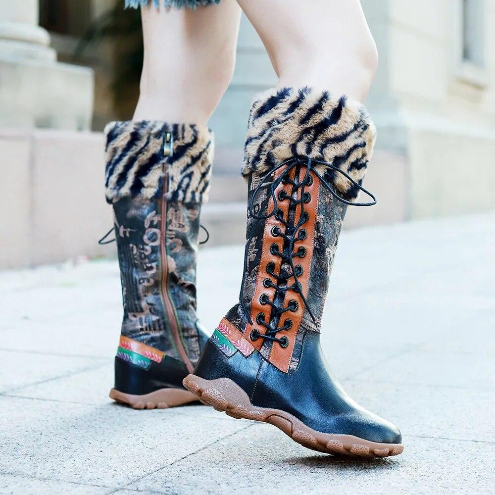 Johnature Длинные сапоги из натуральной кожи с принтом в стиле пэчворк, модная универсальная женская обувь с меховым воротником и леопардовым принтом