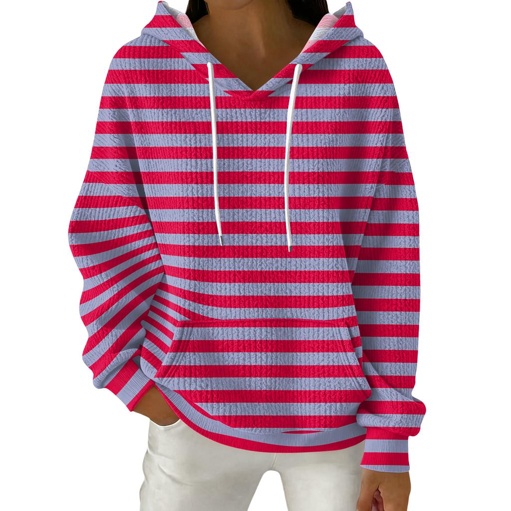 Women's Fashion Casual Striped Print Pullover Long-Sleeve Hooded Sweatshirt