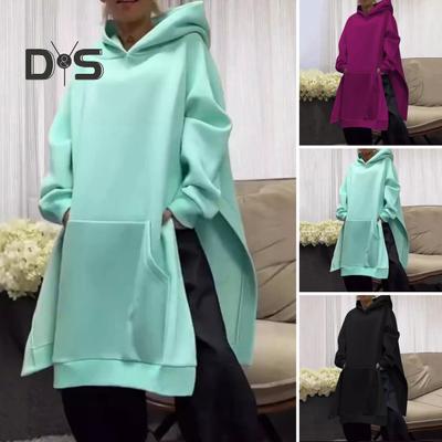 Осенне-зимняя женская толстовка с капюшоном, разрезом по низу, средней длины, с капюшоном, свободная, плотная, теплая, с длинными рукавами, большим карманом, повседневная толстовка с капюшоном