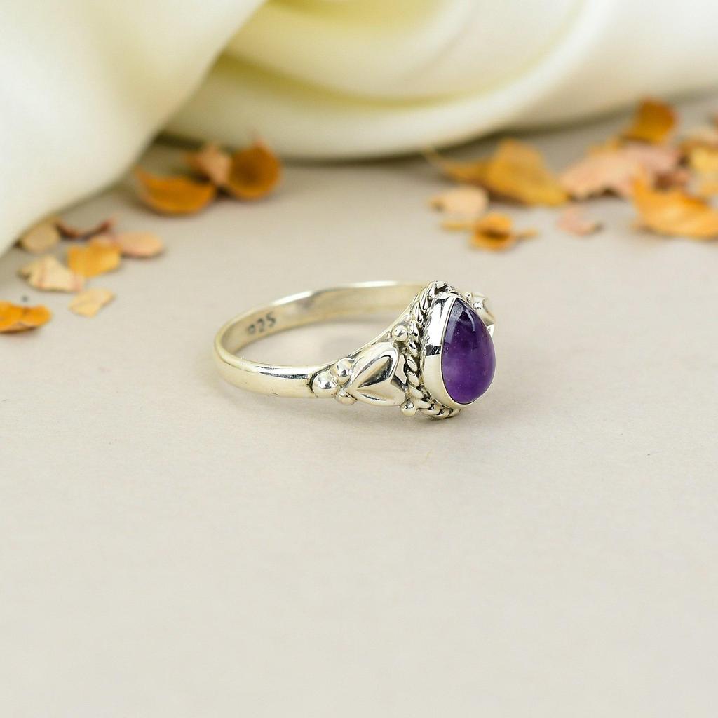 Аметист Драгоценный камень 925 Стерлинговое серебро Форма груши Ручная работа Ювелирные изделия Кольцо в стиле бохо для женщин