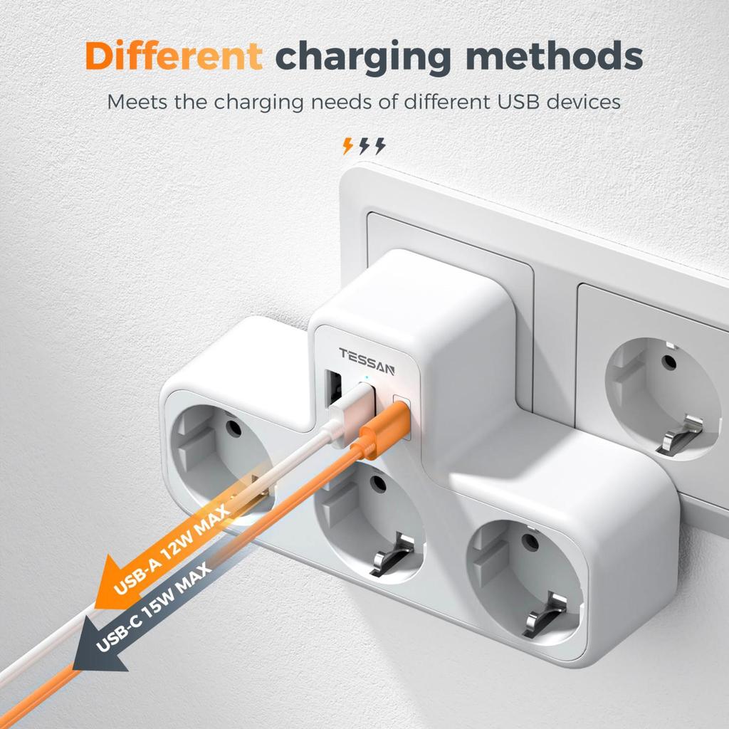 Tessan Многофункциональная настенная розетка с 2 портами USB C и 1 портом USB A, USB-адаптер 6 в 1 с защитой от перегрузки для смартфона, планшета