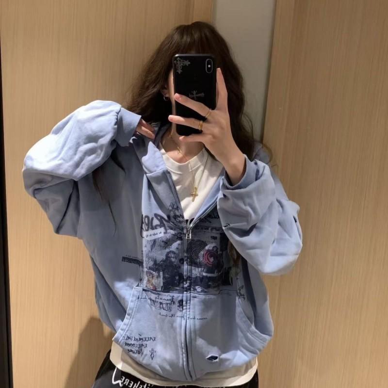 Vintage Graphic Print Zip Hoodie Loose Fit Streetwear Casual Sweatshirt Unisex Women