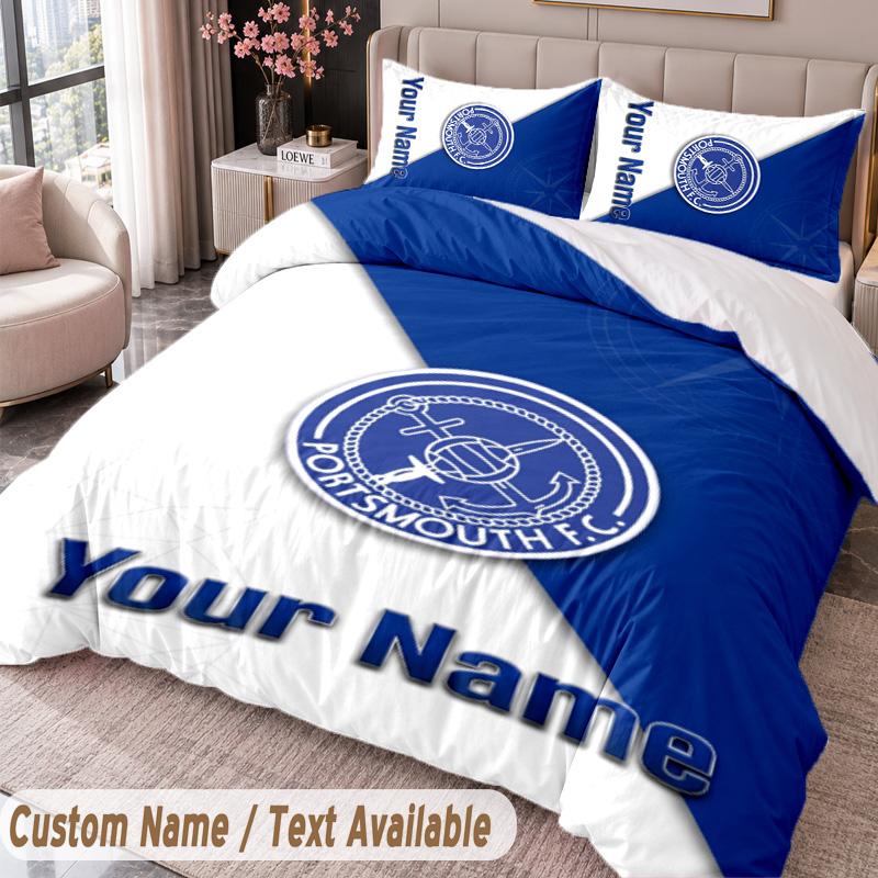 Portsmouth FC Printed Bedding Set Custom Name Text 1 Duvet Cover 2 Pillowcases For Bedroom