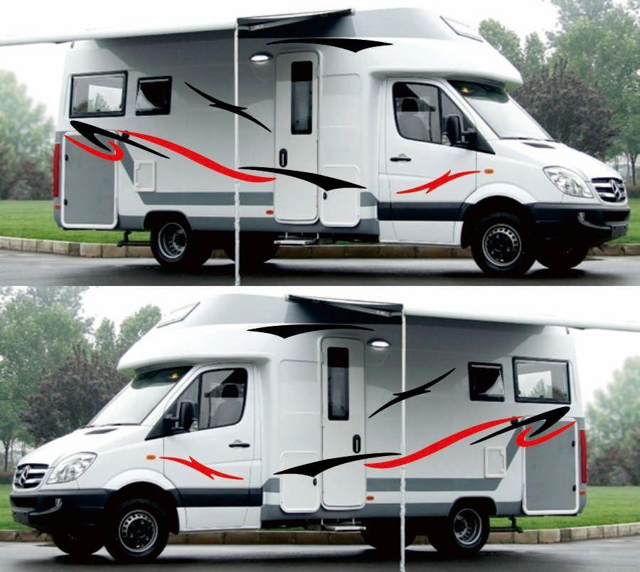 Caravan Camper Van Stripe Graphic Coconut Tree Scenery Vinyl Decal Sticker Set