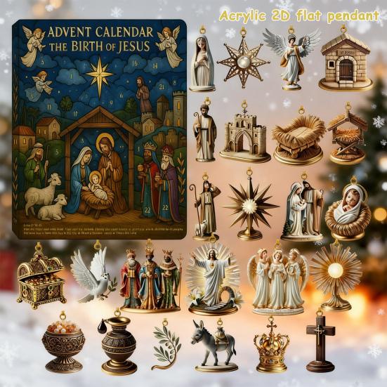 2025 Road To Bethlehem Advent Calendar 24 Acrylic Ornaments with Biblical Themes Christmas Tree Countdown Decor for Home Holiday