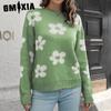 Женская мода, повседневный цветочный принт, осень-зима, свободные свитера с длинным рукавом и круглым вырезом