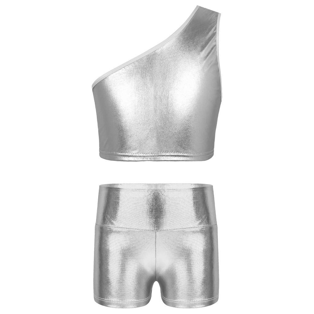 Kids Girls Metallic Single Shoulder Crop Top with High Waist Shorts for Sports Gymnastics Workout