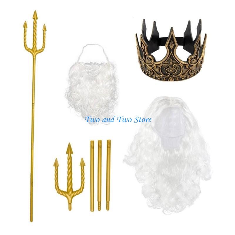 HX6F Nobleman Role Playing Set Hairpiece Beard Chaplet Mediaeval Royal Costume