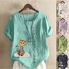 Women's Summer Round Neck Short Sleeve T-shirt Casual Cotton Linen Graphic Shirt Leisure Fashion Loose Cat Prined Blouse Tops Plus Size