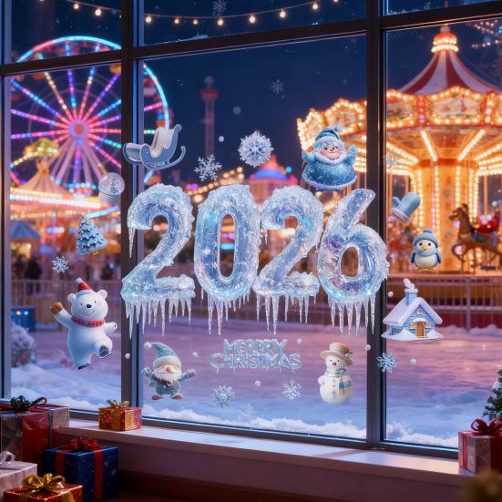 2026 Christmas Window Clings Blue Snowflake Ice Double-Sided Window Stickers PVC Decal for New Year Eve Glass Mirror Decor