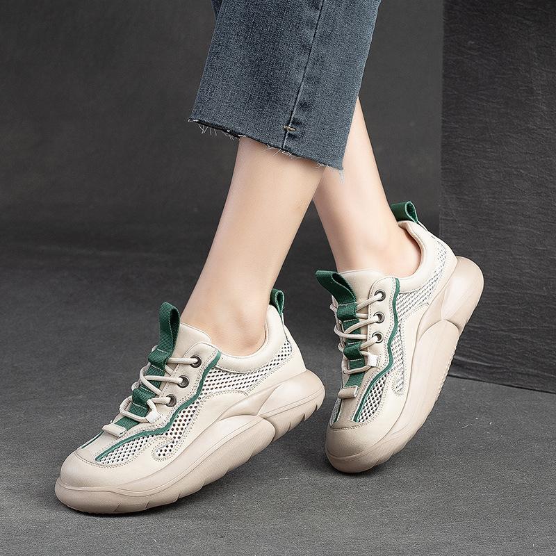 Fashion GKTINOO Mixed Colors Casual Sneakers Women Thick Bottom Genuine Leather Mesh Breathable Lace-Up Summer Chunky Platform Shoes