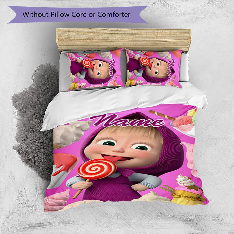 3pcs Masha and the Bear4 Cover Set - Personalized Name, HD Printed Bedding with 1 Cover and 2 Pillowcases - Perfect for Home Decor, Easy Care