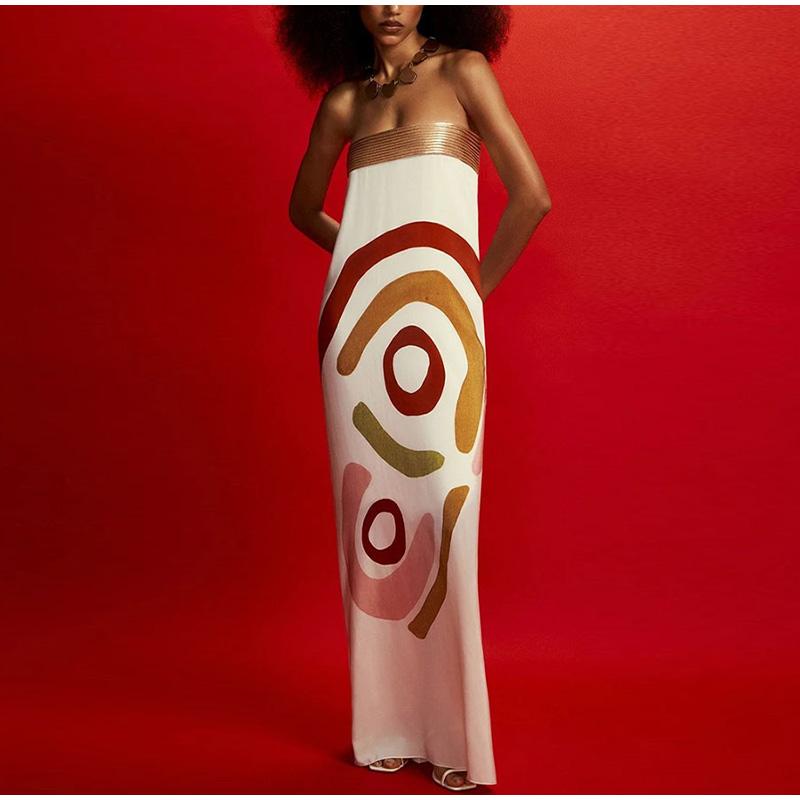 Elegant Slim Sleeveless Patchwork Long Dresses Fashion High Waisted Satin Wrap Hips Dresses Sexy Strapless Print One Piece Dress