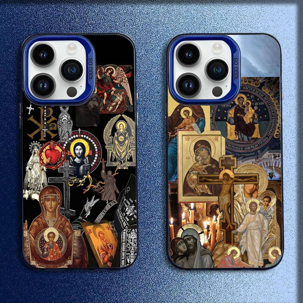 Православный крест Икона Церковь Чехол для телефона Для iPhone 16,15,14,13,12,11,Mini,Pro,E,MAX Синий Конфетный Матовый Ударопрочный Чехол