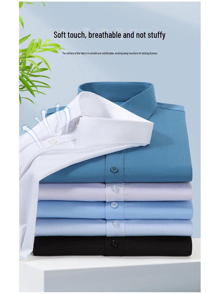 Men's Long Sleeve Bamboo Fiber Shirt - Solid Color, Wrinkle-Free, Stretchable, Antibacterial, Logo Embroidery Available