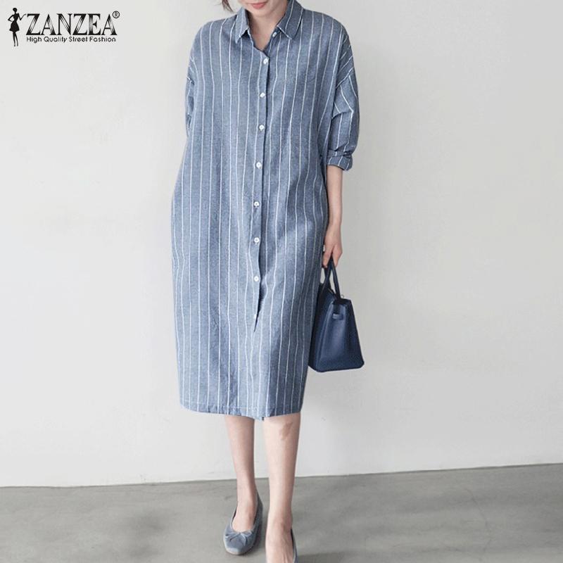 ZANZEA Повседневное женское платье-рубашка с отложным воротником и длинным рукавом в полоску